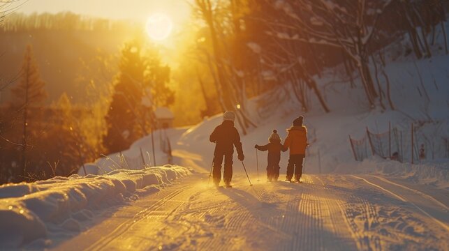 Family members ski along a snow covered trail during sunset, surrounded by trees and a serene winter landscape. The warm glow of the sun enhances the peaceful atmosphere.