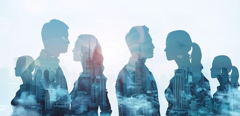 Double exposure of a diverse group of business professionals with a light blue cityscape backdrop. Abstract business concept blending urban environment with people, with soft light rays and shadow