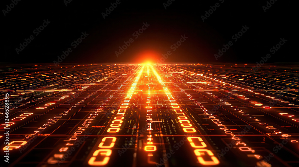 Poster a futuristic digital landscape depicting a glowing sunset, surrounded by a grid of glowing binary co