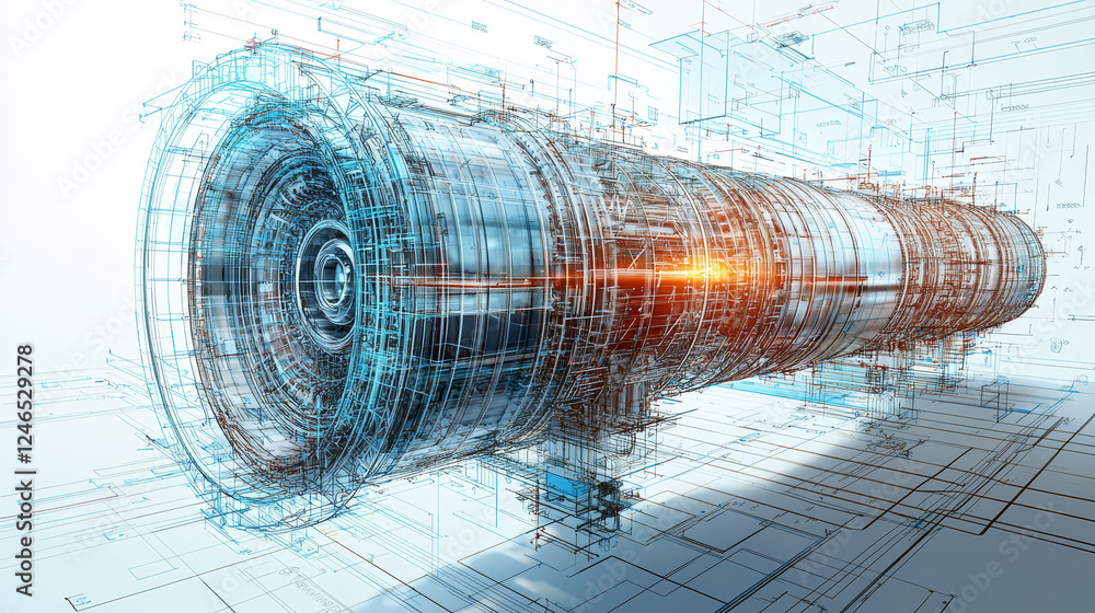 Poster technical drawing of futuristic engine showcasing intricate design