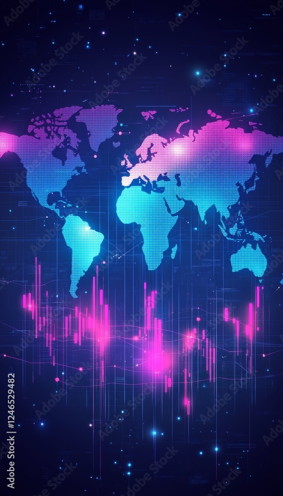 Poster global data visualization, blue world map, line graphs, abstract data points, modern design