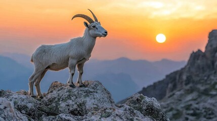Obraz premium Majestic mountain goat at sunset.