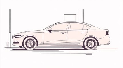 Modern sedan parked city street, minimalist illustration