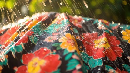 Thai Songkran Festival: Vibrant Floral Fabric with Water Droplets in Motion, Capturing Joy and Renewal