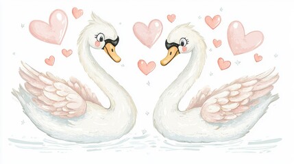 Cartoon-style swans with oversized eyes and pink hearts floating around, playful Valentines design, isolated on white