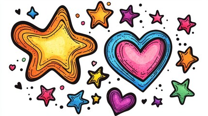 Cartoon-style stars with heart centers, vibrant colors, outlined in black, playful Valentines theme, isolated white background