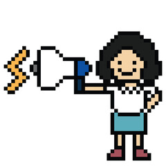 Obraz premium Cute pixel cartoon character woman with megaphone announcement speaker information announce decoration 8 bit female girl lady megaphone cartoon pixel game png vector.