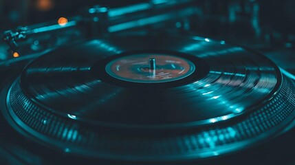 Vinyl Record Spinning on Turntable in Dark Setting