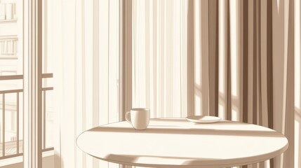 Morning coffee on balcony table, city view, sunlight