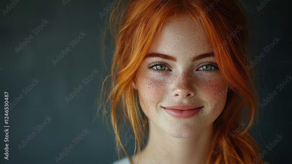 Poster a round-faced girl with vibrant red hair and charming freckles radiates warmth with her soft smile. 