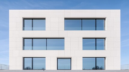 Obraz premium Modern white building facade, clear sky, landscaping. Architectural design, website use