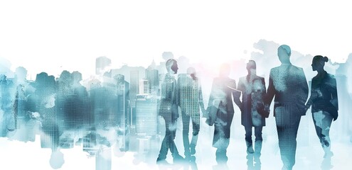 Double exposure of a diverse group of business professionals with a light blue cityscape backdrop. Abstract business concept blending urban environment with people, with soft light rays and shadow