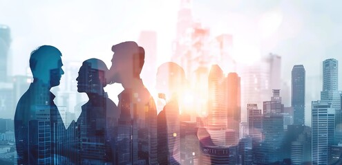 Double exposure of a diverse group of business professionals with a light blue cityscape backdrop. Abstract business concept blending urban environment with people, with soft light rays and shadow