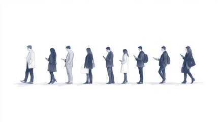 Fototapeta premium People queueing, using phones, city background, social media