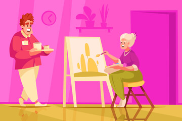 Elderly Woman Painting with Refreshments