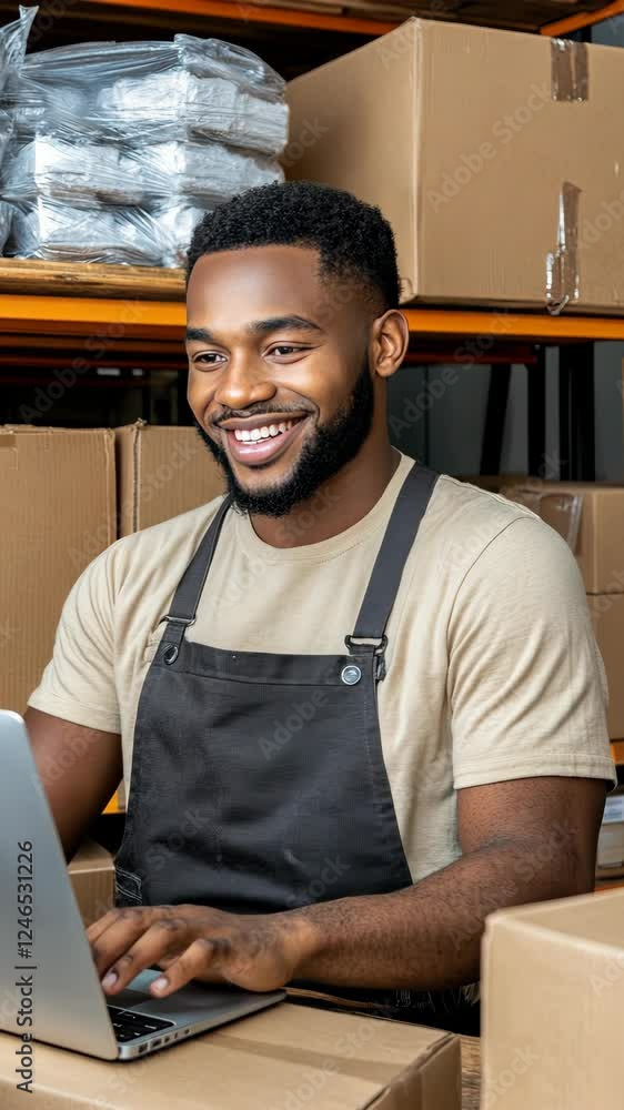 Aufkleber a man is happily using a laptop in a warehouse, focused on organizing inventory and managing various