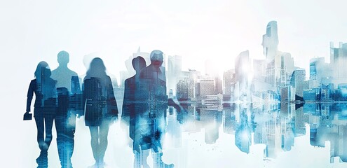 Double exposure of a diverse group of business professionals with a light blue cityscape backdrop. Abstract business concept blending urban environment with people, with soft light rays and shadow