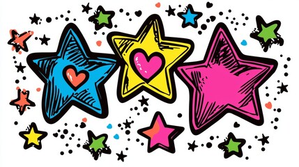 Cartoon-style stars with heart centers, vibrant colors, outlined in black, playful Valentines theme, isolated white background