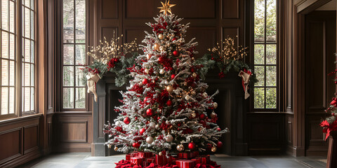 Elegant Christmas Tree with Red and Gold Decorations in a Classic Interior
