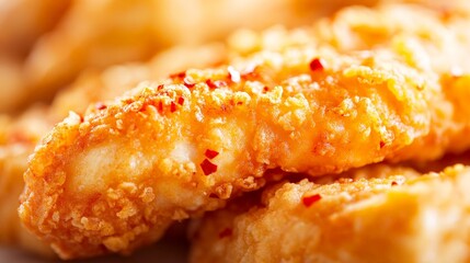 Crispy, golden fried chicken tenders with a sprinkle of red spices.