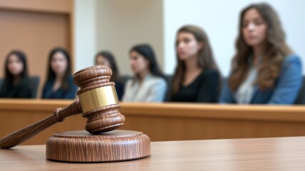 A gavel in the foreground with jurors seated in a courtroom setting.