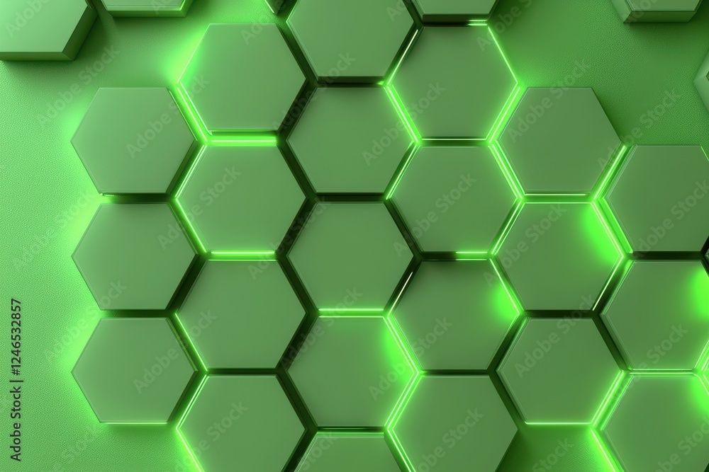 Poster green hexagonal pattern with a glowing effect, creating a modern and tech-inspired design.