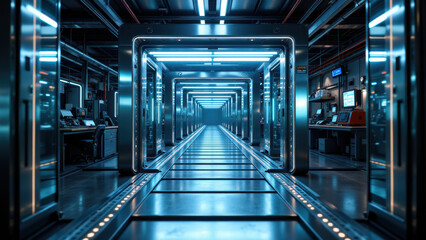 Naklejka premium Futuristic industrial corridor with blue lighting.
