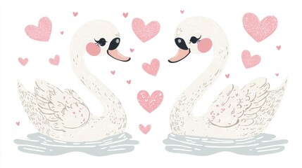 Cartoon-style swans with oversized eyes and pink hearts floating around, playful Valentines design, isolated on white