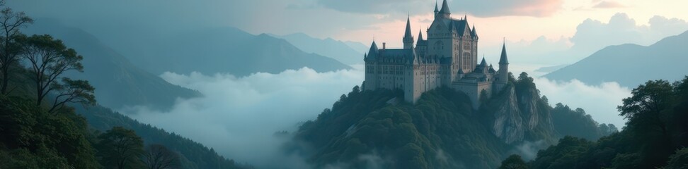 Fototapeta premium Imposing gothic castle overlooking a misty valley , high, nature