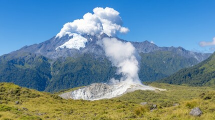 Volcanic Steam Rising Near Snowy Mountain Peak