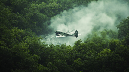 Aerial view of crashed plane in dense forest surrounded by smoke and debris, small clearing visible in distance. Aviation disaster, emergency response, and survival scenario concepts.