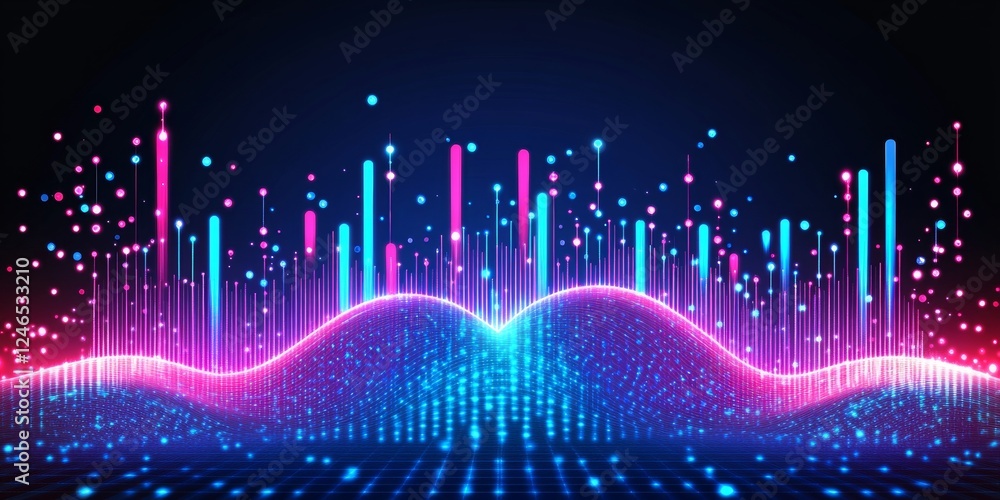 Poster abstract glowing neon wave visualization with data points and grid pattern in futuristic style
