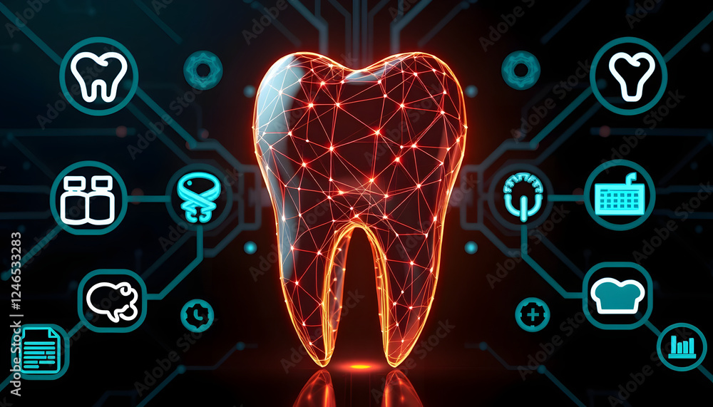 Poster glowing orange digital tooth network abstract 3d rendering illus