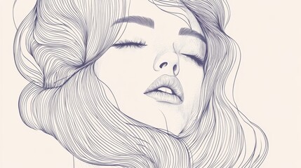 Serene woman, flowing hair, peaceful expression, light background, beauty concept