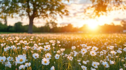Fototapeta premium Beautiful landscape of a field of spring flowers in the rays of sunset