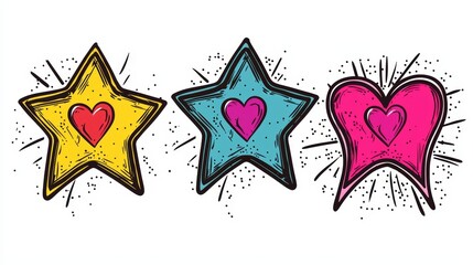 Cartoon-style stars with heart centers, vibrant colors, outlined in black, playful Valentines theme, isolated white background