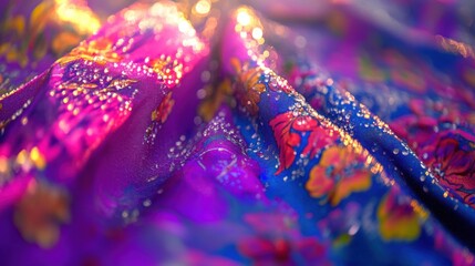 Obraz premium Thai Songkran Festival: Vibrant Floral Fabric with Water Droplets in Motion, Capturing Joy and Renewal
