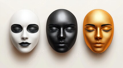 Three elegant face masks in white, black, and gold.