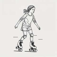 Fototapeta premium Child Female roller skating image in a simple hand drawing flat line design on plain white background
