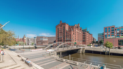 Panorama showing famous old Speicherstadt in Hamburg timelapse featuring the International Maritime Museum, Germany