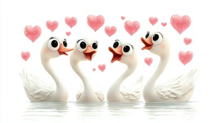 Cartoon-style swans with oversized eyes and pink hearts floating around, playful Valentines design, isolated on white