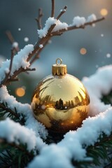 Golden glass bauble nestled among snow-covered branches, wintery charm, rustic accents, natural elements