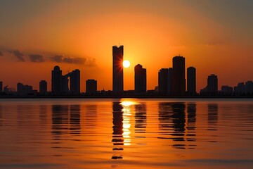 Dubai skyline at sunset, United Arab Emirates. Dubai is the fastest growing city in the world.
