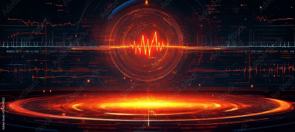 Poster abstract digital background, red glowing circular light with heartbeat line and data grid