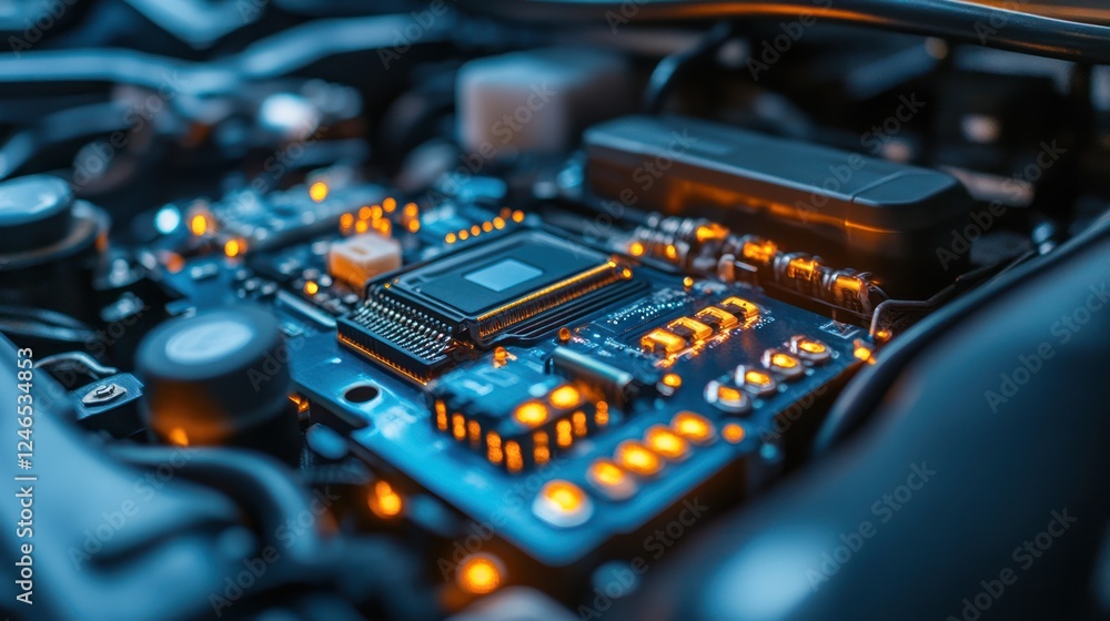 Poster close-up of illuminated circuit board in vehicle engine.