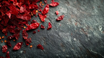 Dried red chili peppers scattered on a textured surface, showcasing vibrant color and spice.