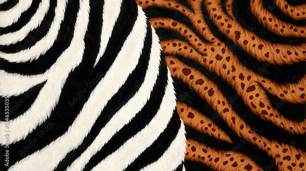 Aufkleber zebra and tiger fur patterns blending together on a textured surface creating an artistic design