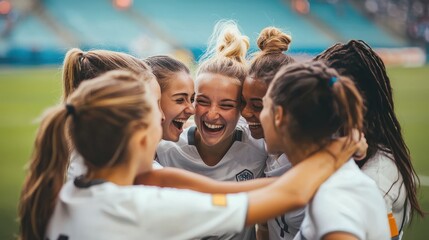 Group of female soccer players celebrating together, showcasing joy and teamwork on field. Their smiles reflect camaraderie and passion for sport