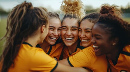 Group of female soccer players smiling and celebrating together, showcasing joy and camaraderie on field. Their vibrant yellow jerseys reflect team spirit and unity