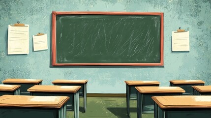 Looping animation of a vibrant classroom with desks and a chalkboard as focal points